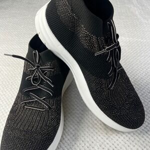 FitFlop Women Knit Sneakers Black Gold Sparkle Comfort Slip On Shoes Size 8